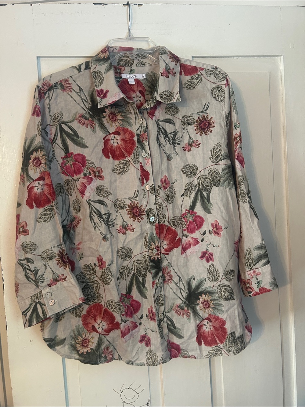 Chico's Garden Floral Linen Button-Down Shirt US 16 Cottage Fall Botanical